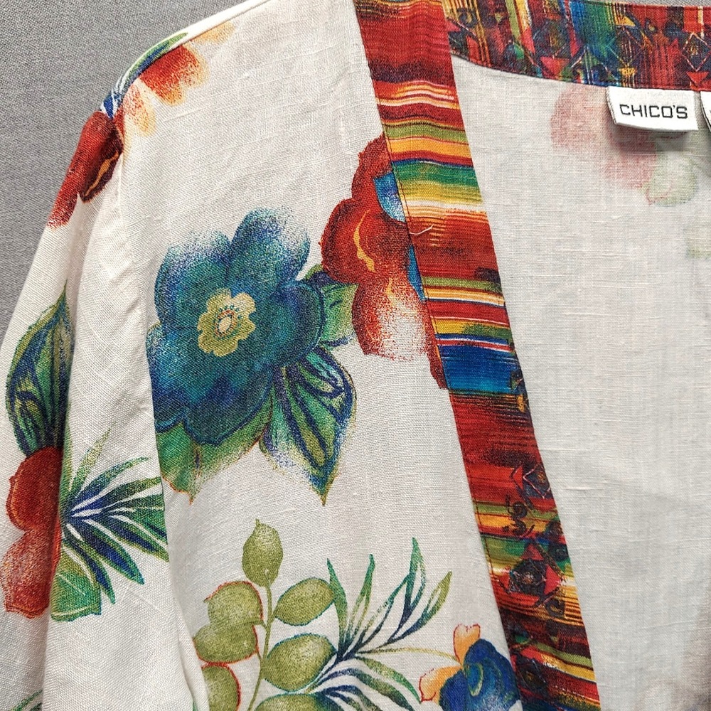 Chicos Linen Floral Kimono Style Top Women 3 Boho Resort Tie Front Beachy Artsy - Picture 2 of 14